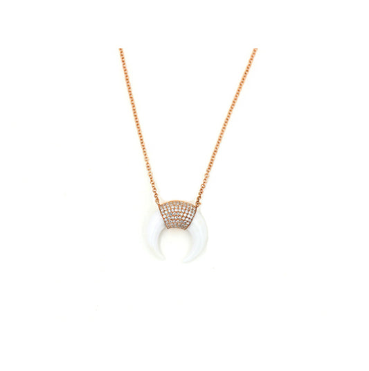14k Rose Gold Diamond Pave and White Agate Horn Necklace