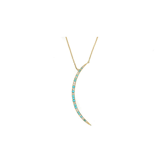 14k Yellow Gold Diamond and Turquoise Crescent Necklace